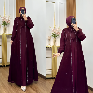 Dress Madina Gamis Ceruti Babydoll Mewah Elegan gamis pesta wanita dewasa burgundy terbaru 2025