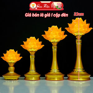 Đèn Hợp Kim Hoa Sen Lưu Ly Cao Cấp CHÂN THIỆN MỸ Trang Trí Bàn Thờ Thờ Cúng Phong Thủy