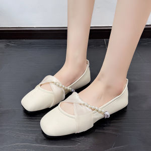 Fashione Living รองเท้าทำงานแมรี่เจนส้นแบนสีแอปริคอทมุกสีเบจสำหรับผู้หญิง เก๋ไก๋และอเนกประสงค์ น้ำหนักเบาและสะดวกสบาย [คลังสินค้าพร้อมในกรุงเทพ]