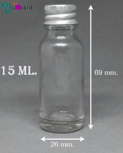 ขวด 15 มล. ( 100 ใบ) แก้วกลม ใส + จุก +ฝา 18 มม.( GW.= 3.600 Kg.) 07#18