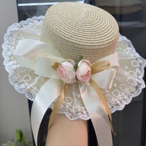 CHLOCH Phong cách Lolita Mũ chống nắng mùa hè Thoáng khí Nút thắt bướm Mũ che nắng bằng ren Thời trang Hoa giả Mũ cói đi biển Ngoài trời