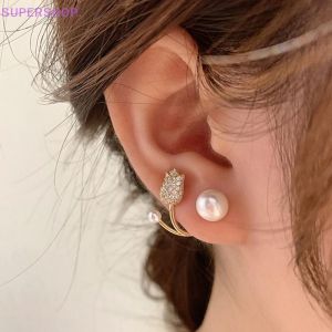 Korean Light Tulip Imitation Pearl Earrings for Women Two Ways To Wear Daily Party Jewelry Earrings