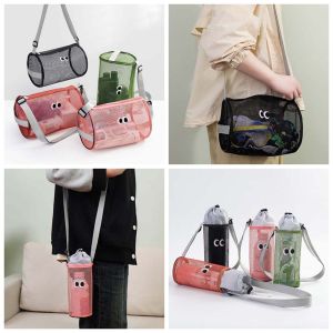 YOCKY Korean Style Mesh Crossbody Bag Handbag All-match Water Bottle Drawstring Bag Portable Cute Big Eye Embroidered Mesh Shoulder Bag Summer