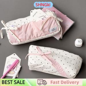 SHNGki Cute Polka Dot Bow Pencil Case White With Pink Accessories Large Capacity Zipper Pencil Bag Student Stationery School Supplies