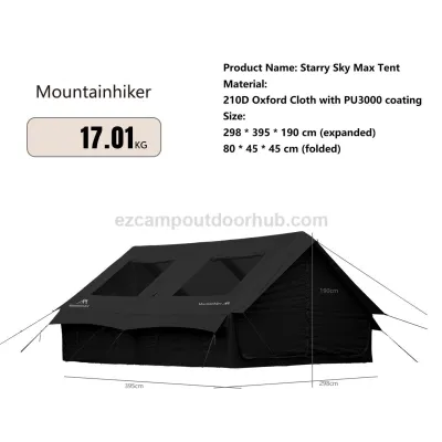 Mountainhiker STARRY SKY AIR 12 Inflatable Tent 5-8 Persons Panoramic Sunroof Large 12m² Interior Space 4 Sided Breathable Windows Waterproof PU3000 Black And Khaki Outdoor Camping Family