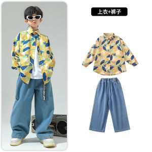 Bộ quần jean hip-hop thời trang cho trẻ em áo sơ mi hoa phong cách Hồng Kông r trang phục biểu diễn cho bé trai và bé gái 3.10