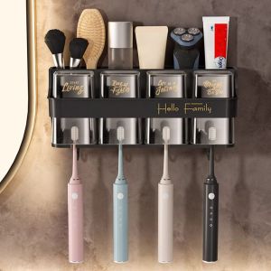 ELITEDEALSHUB Black Toothbrush Holder Nail-Free with Cup Toothpaste Dispenser  Wall Mounted Storage Holder Bathroom