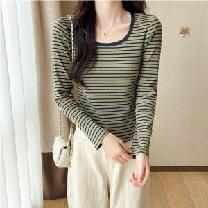 Women Long Sleeved U-neck T-shirt Casual Stripe Tops 94% Cotton