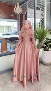 ชุดพร้อมผ้าคลุม แถมฟรีผ้าคลุม ชีฟองพันยาวผืนเปล่า รุ่นดาวิ แฟชั่นมุสลิม ชุดเดรสทรงบานใส่ออกงาน ในรายอ ชุดใส่นิกะห์ เจ้าสาวมุสลิม พร้อมส่ง