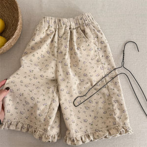 deer jonmi 2026 New Spring Baby Girls Wide Leg Pants Floral Printed Korean Style Corduroy Ruffles Toddlers Kids Casual Trousers2026