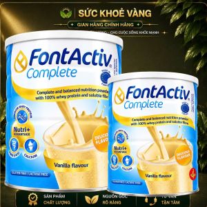 FontActiv Complete bột dinh dưỡng cân bằng với 100% whey protein và chất xơ hòa tan hương vani. Sản phẩm không chứa gluten và lactose.