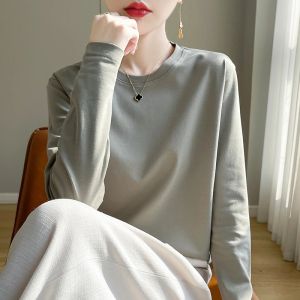 Spring Autumn 100% Cotton Long-Sleeved T-Shirt Womens Round Neck Mercerized Cotton Bottoming Shirt Loose Top2026
