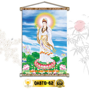 Tranh Phật Treo Tường Quan Thế Âm Bồ Tát Đứng CHÂN THIỆN MỸ Chất Liệu Vải Lụa Kim Sa Khung Gỗ 40x60cm QABTĐ-62