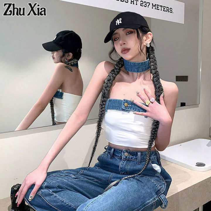 Zhu Xia ส่วนบนยีนส์ต่อกันดีไซน์สไตล์ฮ่องกงสำหรับผู้หญิง2024ฤดูร้อน ...