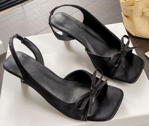 Black Elegant Side Cutout Open-Toe French Retro Bow Square-Toe Thin Stiletto Sandals for Women A12