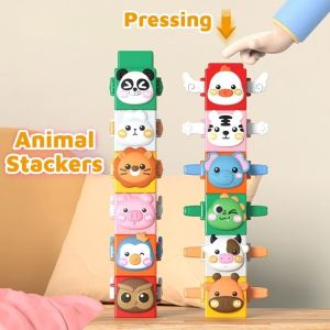 SUN ME 12pcs/set Stackable Pressing Animal Stacker Interactive Learning Montessori Animal Blocks Educational Toys Pig Puzzle Stacking Cubes Baby Use