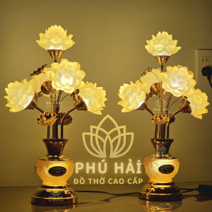 Đôi Đèn Thờ 5 Bông Lưu Ly Mẫu Mắt Ngọc Hoa Sen - Cao 55 cm 60 cm - HCM Hỏa Tốc Tặng Led