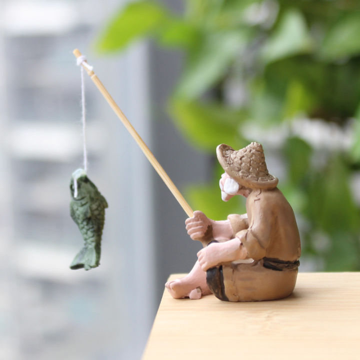 Potey Fishing Old Man Resin Figure Statue Garden Ornament Micro-Landscape  Garden Craft