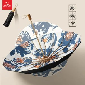 LORDWEY Strong Wind Girl Sunshade Umbrella 3 Folding 16K Handcrafted Large Umbrella Handle in Ink-wash Painting Style