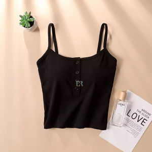 LNR Shop Tanktop Import Premium Wanita Stripe Polos Bra Dengan Cup Busa dilengkapi 4 Kancing Depan Tali Kecil Spaghetti Tank Crop Top Atasan BH Kutang Kaos Dalaman Kasual Singlet Casual Salur