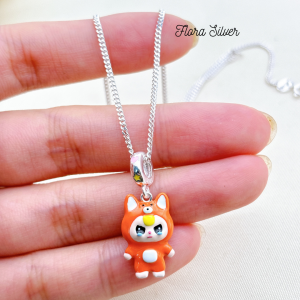 FLORA 0649C - [Có bán lẻ] Dây chuyền bạc S925 charm hình Baby Three hình cáo màu cam dành cho bé gái