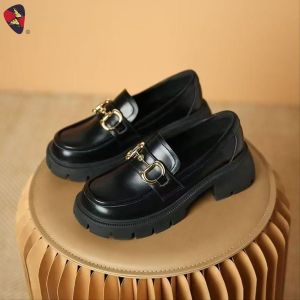 Katerina Fashion Casual Shoes PU Leather Round Toe Loafers with Gold Buckle for Women Student #K-920