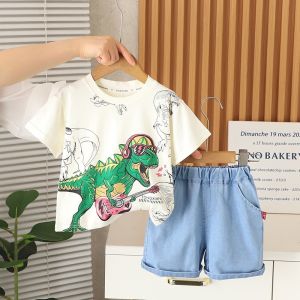 Baju setelan anak laki laki musim panas korea style set lengan pendek anak laki-laki t shirt bermotif Tyrannosaurus rex set celana pendek denim tampan set anak laki-laki
