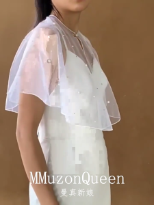 Elegant Bridal Shawl Wedding Party Gown Dress Arm Covering Up Shoulder Wrap with Pearls and Rhinestones Charm