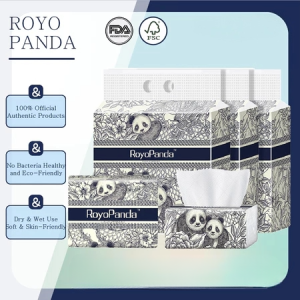 【8 Packs】RoyoPanda Facial Tissue 140 * 175MM 4Ply Comfortable Tissue Deluxe Soft &Thick 296 Sheets Personal/Bathroom/Desk/Toilet use