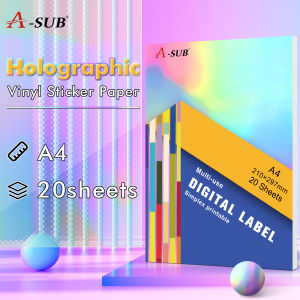 A-sub Holographic Sticker Paper for Inkjet Printer 20 Sheets A4 Printable Vinyl Sticker Paper Rainbow Glossy Waterproof