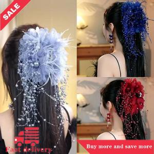 [COD] Women Luxury Mesh Flower Pearls Tassels Hair Clips Female Fluffy Shark Hair Claws Hair Accessories Headdress
