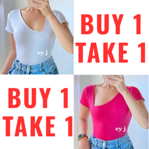 BUY 1 TAKE 1 (2PCS) RAILY FULL LENGTH TOP DOUBLE LINING FRONT ONE SIDE NOTCHED Womenswear Lady Plain Comfortable Short Sleeve Basic Cotton Spandex Fit Casual