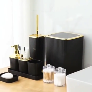 6Pcs Minimalist Bathroom Set ABS Includes Liquid Hand Soap Dispenser Toothbrush Cup Mouth Cup Trash Can