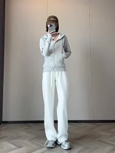 Gray and White Straight-Leg Wide-Leg Pants for Women 2025 New Autumn Winter Small Size Lazy Style Slim Fit Fleece-Lined Casual Sweatpants