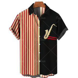 ZEEMIN  2023 Mens Shirts One Button Hawaiian Casual Shirts Mens Musical Instrument Shirts Stripe Print Short Sleeve Beach Camicias 5xl