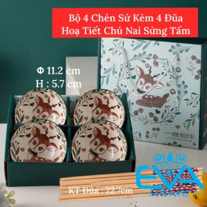 Bộ 6 Chén Sứ Hoạ Tiết Chú Nai Sừng Tấm Đáng Yêu Phong Cách Nhật Tặng Kèm 6 Đôi Đũa Tre Cao Cấp
