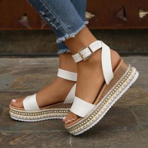 Spring And Summer WomenS Plus Size Rope Sole Platform Thick-Soled Buckle Wedge Peep-Toe Sandals