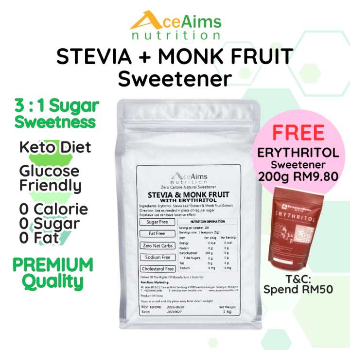ACE AIMS Stevia Monk Fruit Sweetener w Erythritol Glucose Diabetes Keto Diet Sugar Substitute