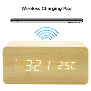 JD-06 Wireless Charging Jam meja Kayu Digital Led Weker / Wooded Alarm LED Clock Waker Suhu temperature date Tanggal Jam Meja