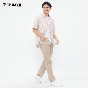 TRILIVE - Kemeja Pria Salur Biru Blue Katun Lengan Pendek