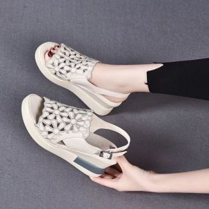 Womens Fashion Embroidered Hollow 6cm Wedge Sandals Real Soft Leather Thick Sole Shoes