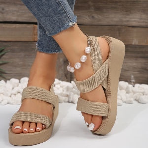 [Free Shipping] Summer Faux Straw Woven WomenS High-Heeled Sandals For Travel With A Sole And Single Strap Fashionable Beach Wedge Sandals In Large Sizes