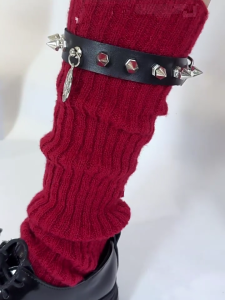 Gothic Punk Ribbed Knit Leg Warmers Sleeve with Star Rivets Leather Belt Motorcycle Boot Covers Calf Socks for Women