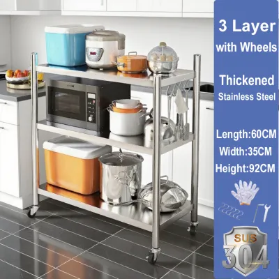 304 Stainless Steel Kitchen Storage Cabinet with Wheels Heavy Duty Kitchen Racks Organizer Supermarket Warehouse Stand Rack
