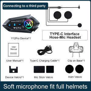 RICHMENT Y12 Pro Bluetooth Helmet Headset – Boom or Flexible Mic Options | IP56 Waterproof Wireless Intercom with Noise Reduction Hi-Fi Stereo RGB Light Long-Range Communication | Fits Full-Face Half-Face & Modular Helmets