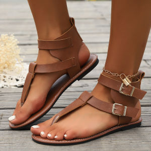 [Free Shipping] 2026 Summer New Low Heel Roman WomenS Shoes Fashionable And Comfortable Buckle Strap Flat High-Top Sandals