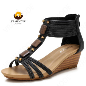 Hollow Rivets Wedge Sandals Ankle Strap Bohemian Sandals Peep Toe Roman Shoes Lightweight Ladies Sandals