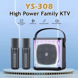YS-308 Wireless Bluetooth Speakers LED lights with 2 UHF Microphone for Family Karaoke Portable Speaker