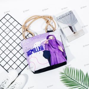 [20+ MOTIF] Tas Totebag Canvas Tali Sumbu Wanita Terbaru 2025 Remaja Tas Sekolah Mengaji Printing Karakter Hijab Islami Muslimah