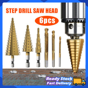 HSS Step Drill Bit 6Pcs Set Titanium Coated Wood Hole Cutter 4-12 4-20 4-32 Straight Groove Metal Drills Quick Change Tebuk Lubang Kayu Besi Tool
